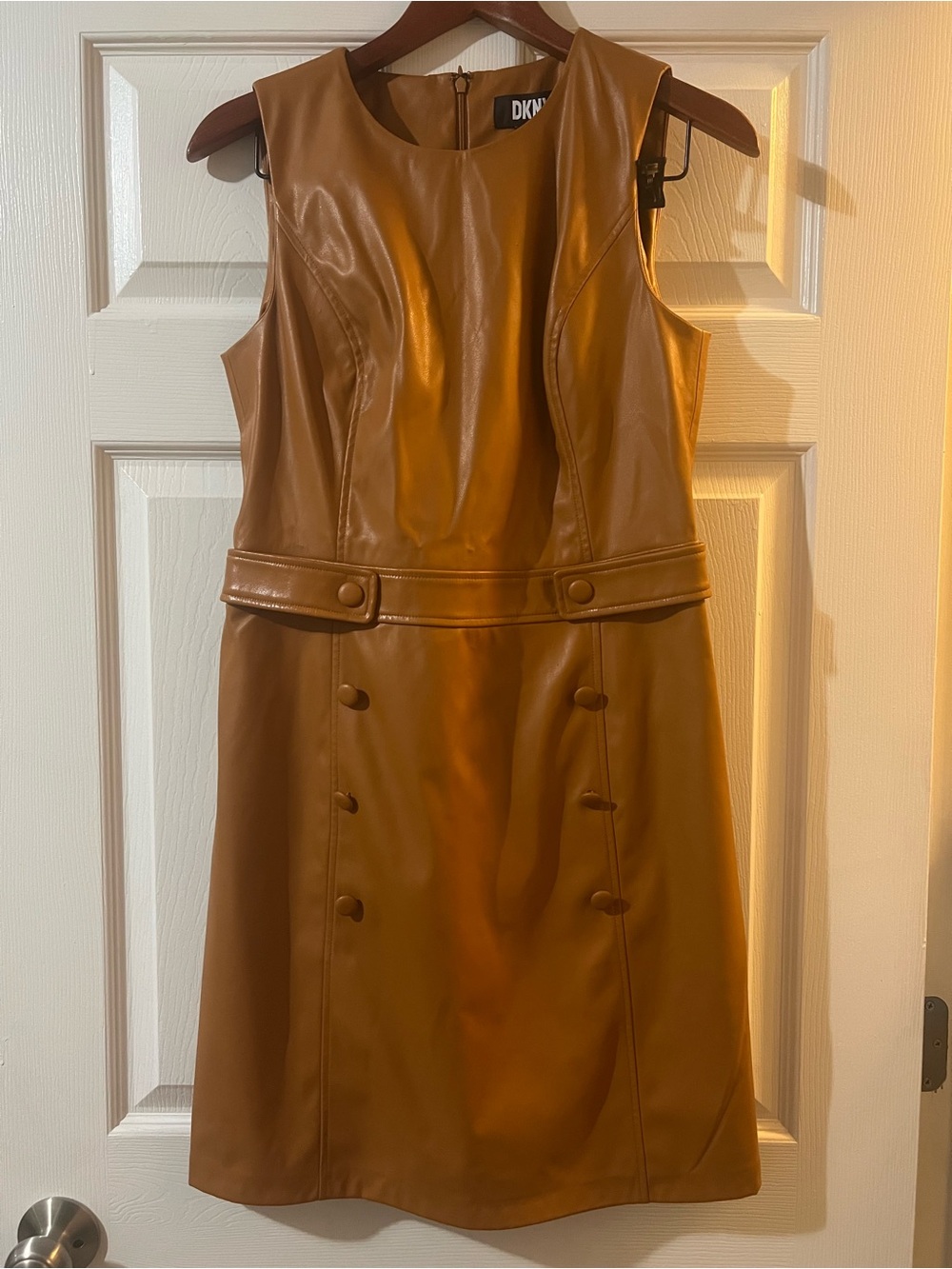 Dkny Camel Faux Leather Sleeveless Shift Dress